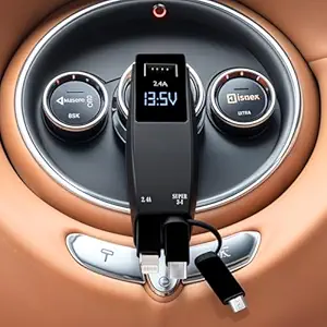 Skibble Car Charger, 60W Super-Fast 4 in 1 Car Charger with Retractable Cables, iPhone, USB A - Matte Black