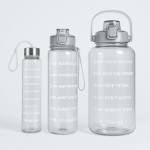 AMPIXI Set of 3 Transparent Motivational Water Bottles – 2000ML, 900ML, 300ML – Leak-Proof Bottle