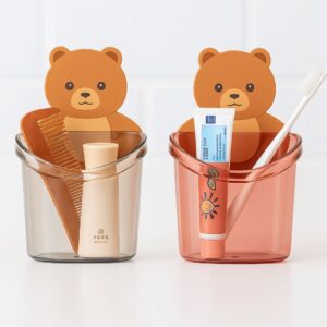 AMPIXI Teddy Bear Toothbrush Holder for Bathroom – Waterproof Plastic Wall Stand with Self Adhesive Mount
