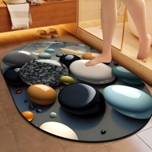 AMPIXI 3D Diatom Oval Floor Mat – Fast-Drying, Non-Slip Printed Bathroom Mat with Rubber Backing