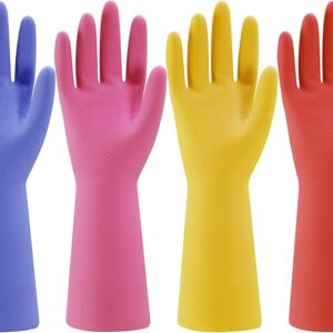 Rubber Kitchen Dishwashing Gloves - 4 Pairs Colorful Reusable Household Cleaning Gloves Flexible Long-lasting