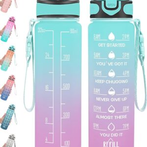 32 oz Drinking Water Bottle with Times to Drink and Straw, Motivational with Carrying Strap Toxic Free