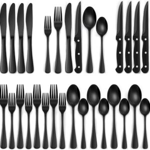 EWFEN 24-Piece Black Silverware Set with Steak Knives, Flatware for 4, Food-Grade Stainless Cutlery Set