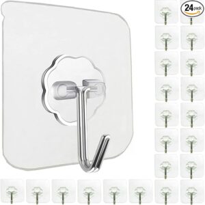 24 Pack Heavy Duty Self Adhesive Hooks - 33lb Max, Transparent, Waterproof, Sticky Wall Hooks for Keys