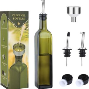 17oz Glass Olive Oil Bottle Dispenser - 500ml Green Oil and Vinegar Cruet with Pourers and Funnel