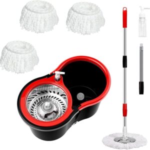 Mop and Bucket with Wringer Set 360° 3psc Microfiber Spin Mop with Bucket and Dual Mop Heads Spinning Mop