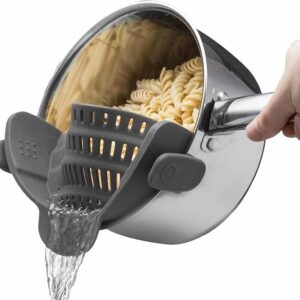 Snap N' Strain - Silicone Pasta Strainer Clip-On for Pots and Pans - Heat Resistant Colander - Gray