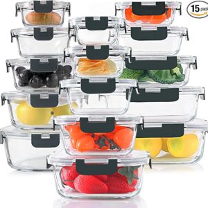 30 Pieces Glass Food Storage Containers Set, Glass Meal Prep Containers Set with Snap Locking Lids Airtight Containers