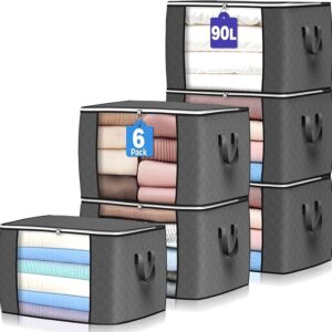 90 L Large Storage Bags, 6 Pack Clothes Storage Bins Foldable Closet Organizers Storage Containers