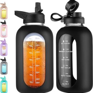 64 oz Glass Water Bottle Jug with Straw and Handle, Half Gallon Sports Motivational Water Bottle