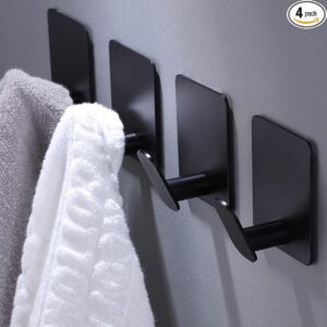 Adhesive Hooks - 4 Pack Towel/Coat Hooks Wall Hook Stick on Bathroom or Kitchen (Matte Black)