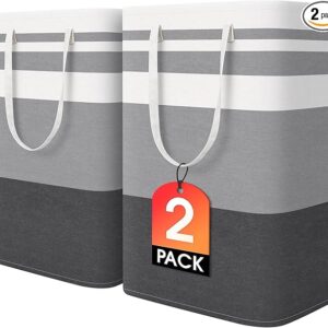 2 Pack Large Laundry Baskets, Waterproof, Freestanding Laundry Hampers, Collapsible Hamper